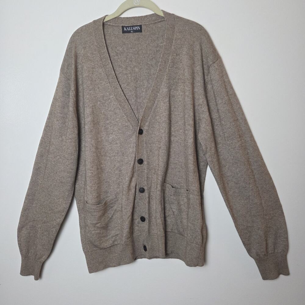 Kallspin Men’s XL Cardigan Sweater Cashmere Wool Blend V Neck Heather Brown